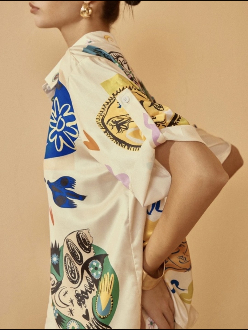 Commense Soleil Satin Set Graphic Short Sleeve Button Up Wide Leg Pants Small - Picture 2 of 15